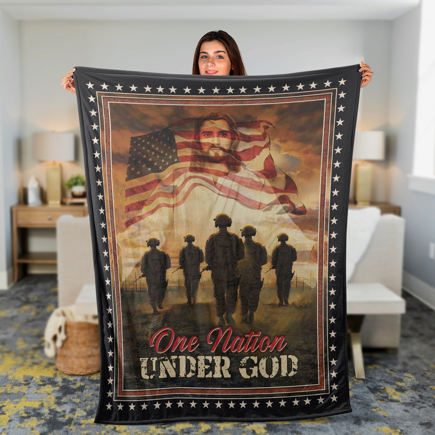 Jesus and Veterans Blanket, Christian Throw Blanket, Faith Blanket, Inspirational Gift - One nation under God Blanket