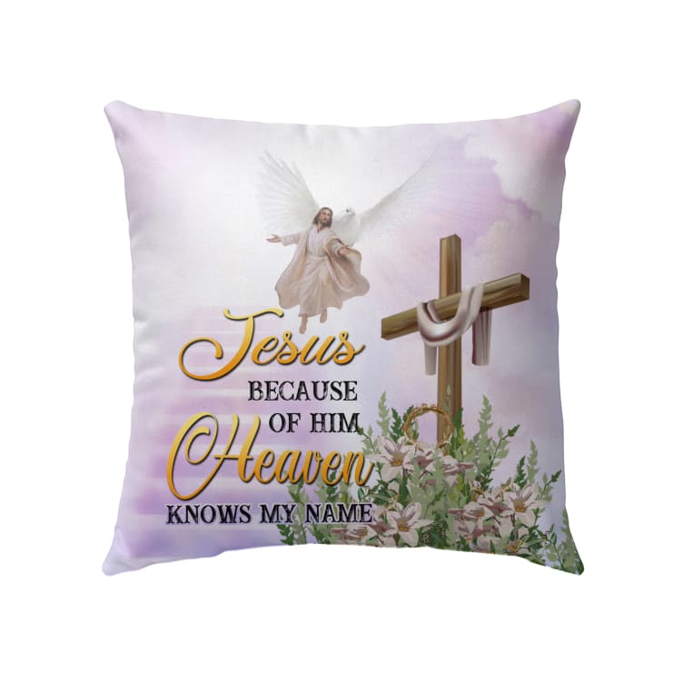 Jesus Pillow - Christian, God's Wings, Wooden Cross Pillow - Gift For Christian - Jesus because of Him heaven knows my name Pillow