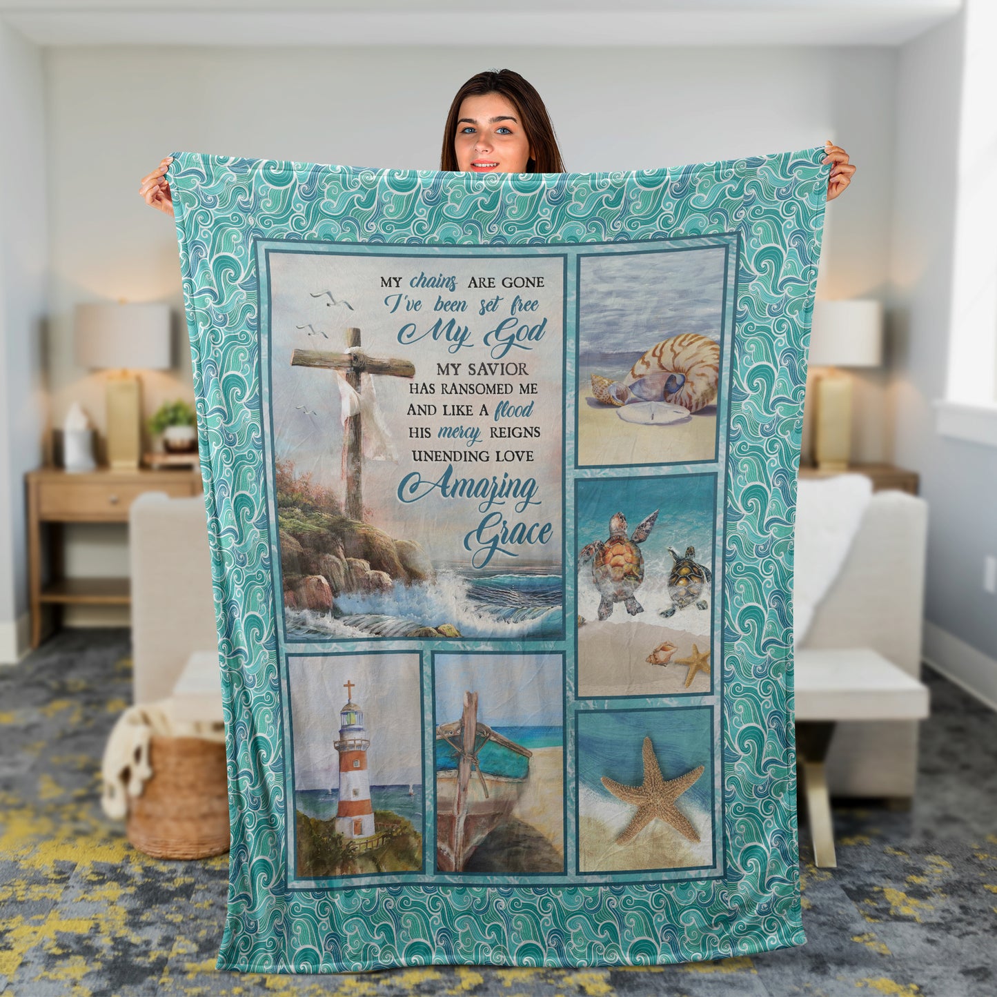 Christian Throw Blanket, Jesus And Ocean Blanket, Faith Blanket, Inspirational Gift, Cross And Turtle Blanket - Amazing Grace Blanket