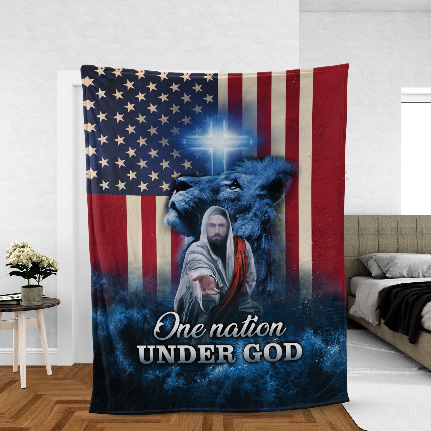 Christian Throw Blanket, Lion and Jesus Blanket, Faith Blanket, God Blanket, God's Hand And US Flag - One Nation Under God