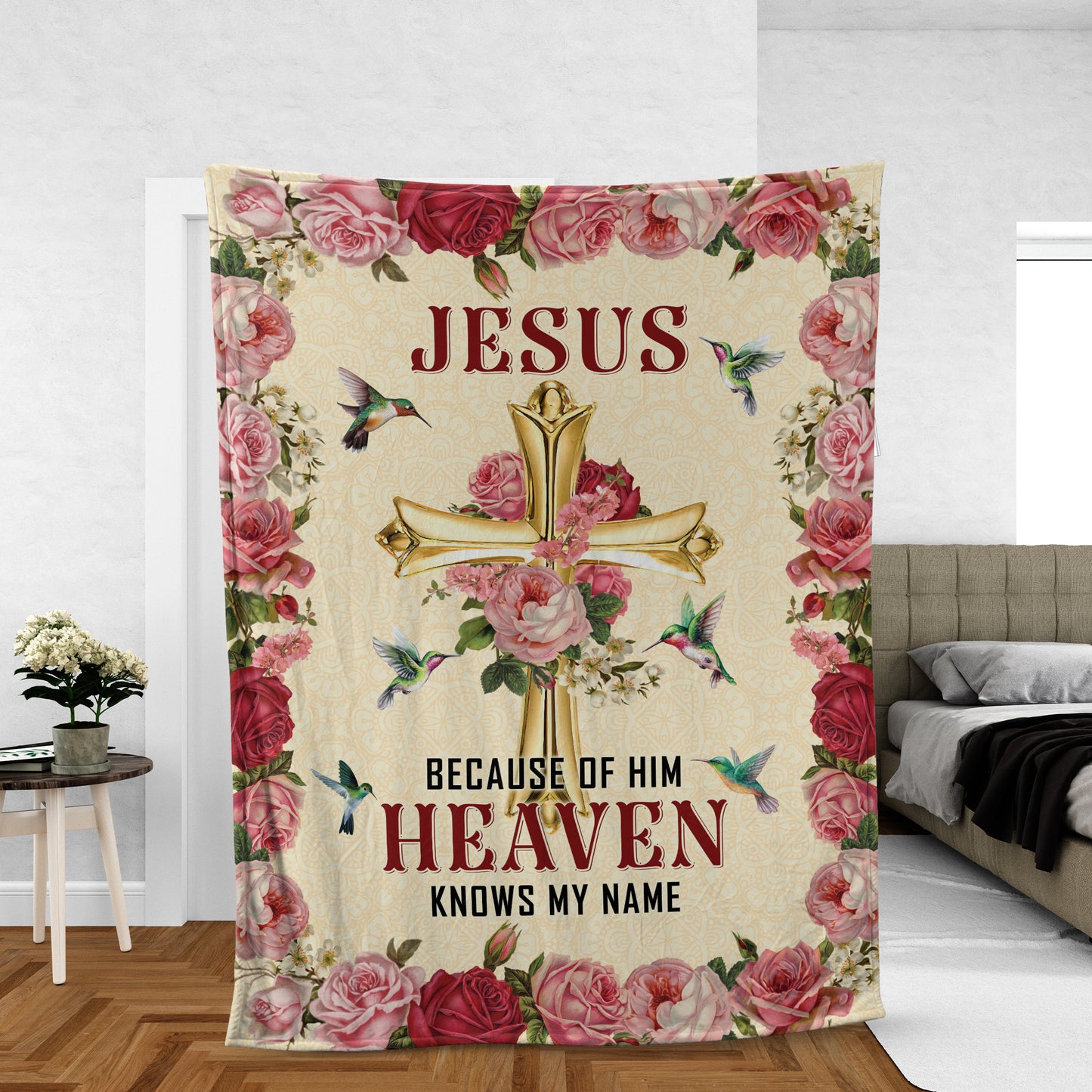 Christian Throw Blanket, Butterfly Blanket, Faith Blanket, God Blanket, Golden Cross - Because Of Him Heaven Knows My Name