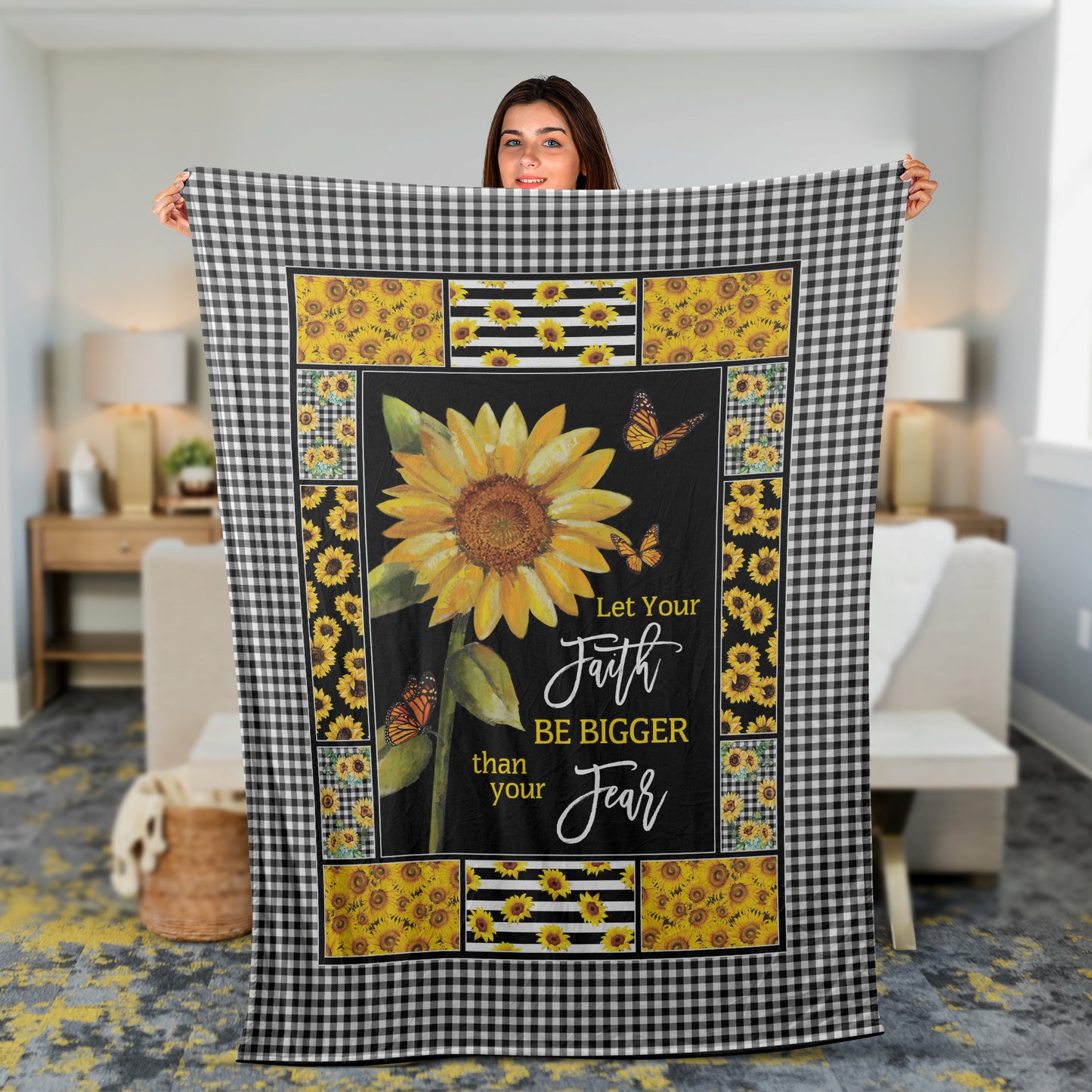 Christian Throw Blanket, Butterfly And Sunflower Blanket, Faith Blanket, God Blanket - Let Your Faith Be Bigger Than Your Fear Blanket