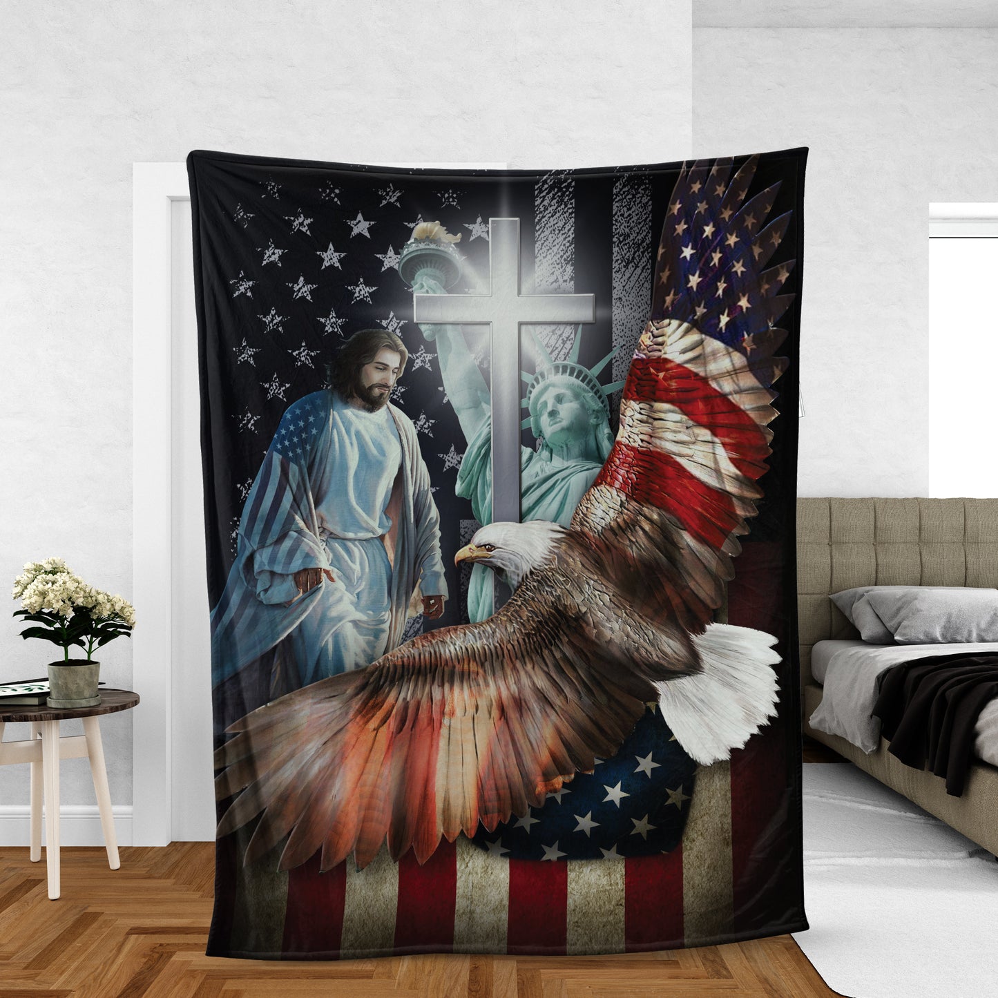 Christian Throw Blanket, Jesus And Bald Eagle Blanket, Faith Blanket, Independence Day Gift - The US Flag, Blessed By Jesus Christ
