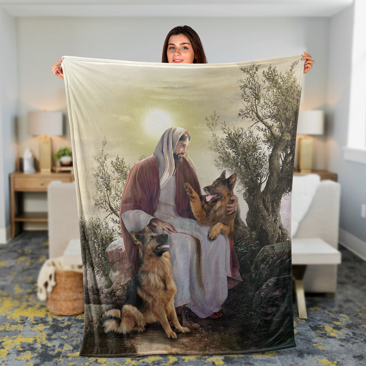 Christian Throw Blanket, German Shepherd Blanket, Faith Blanket, Inspirational Gift - German Shepherd, Under The Tree With Jesus