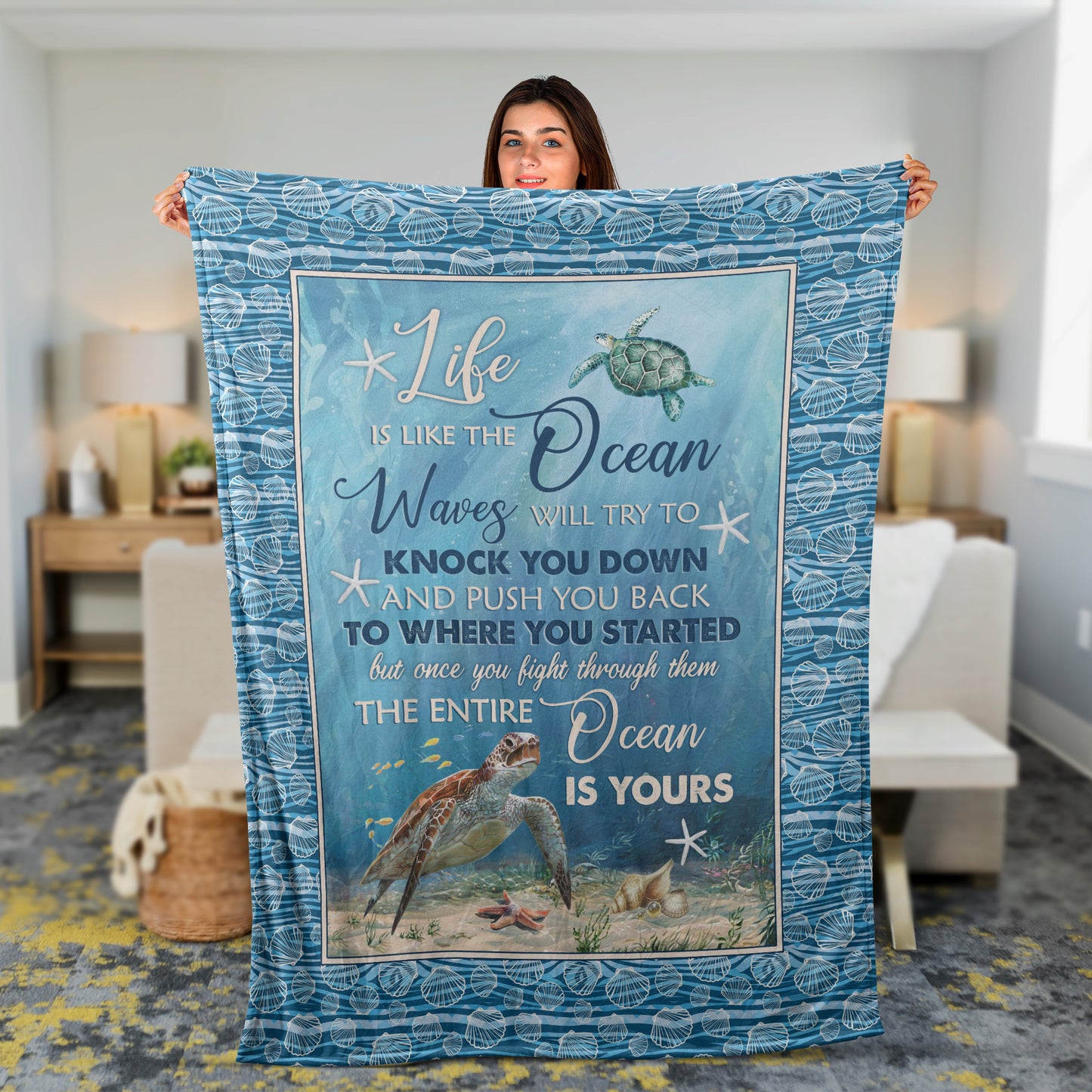 Sea Turtle Throw Blanket, Blue Ocean Blanket, Inspirational Gift - Life Is Like The Ocean