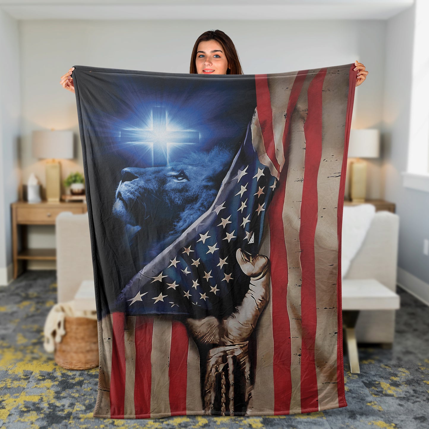 Christian Throw Blanket, Faith Blanket, Jesus Blanket, Independence Day Gift - Us Flag, The Lion And The Cross