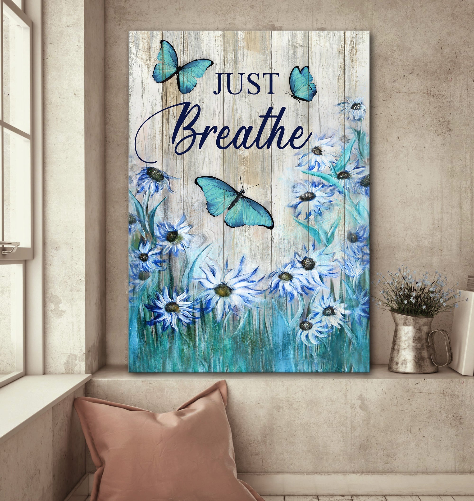 Jesus Portrait Canvas - Blue flower garden, Butterfly painting Portrait Canvas - Gift For Christian - Just breathe Portrait Canvas