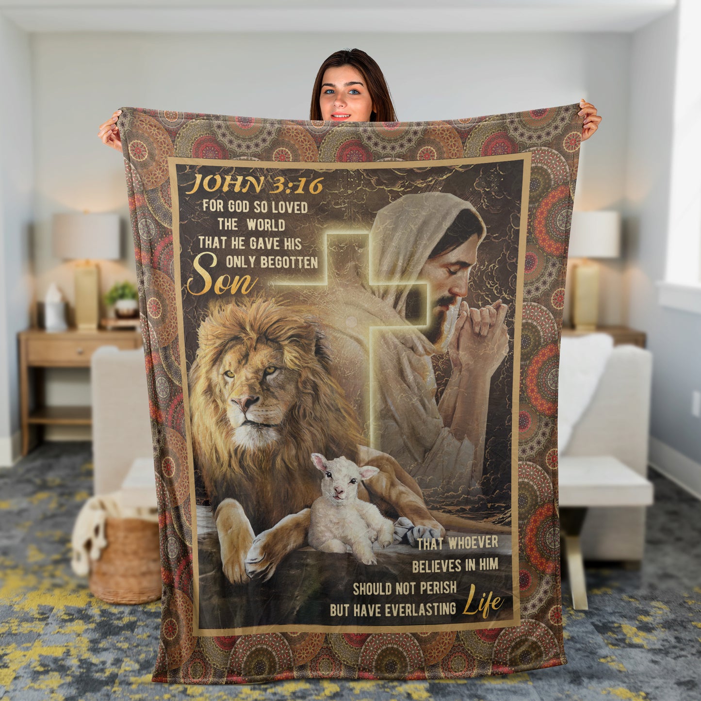 Christian Throw Blanket, Faith Blanket, Jesus Blanket, Inspirational Gift - Lion Of Judah, Lamb Of God, Cross And Bible, For God So Loved The World