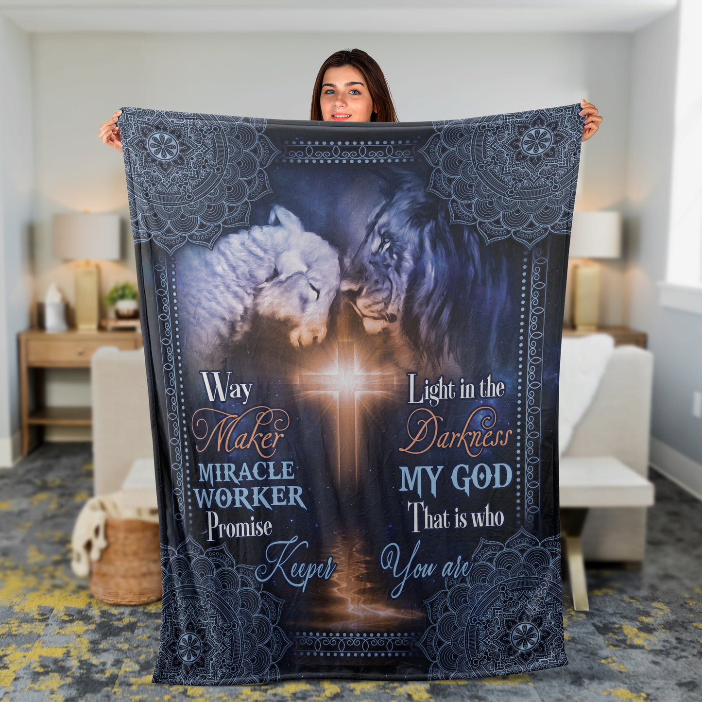 Christian Throw Blanket, Faith Blanket, Jesus Blanket, Inspirational Gift - Lion Of Judah, Lamb Of God And Cross, My God Is The Light In The Darkness