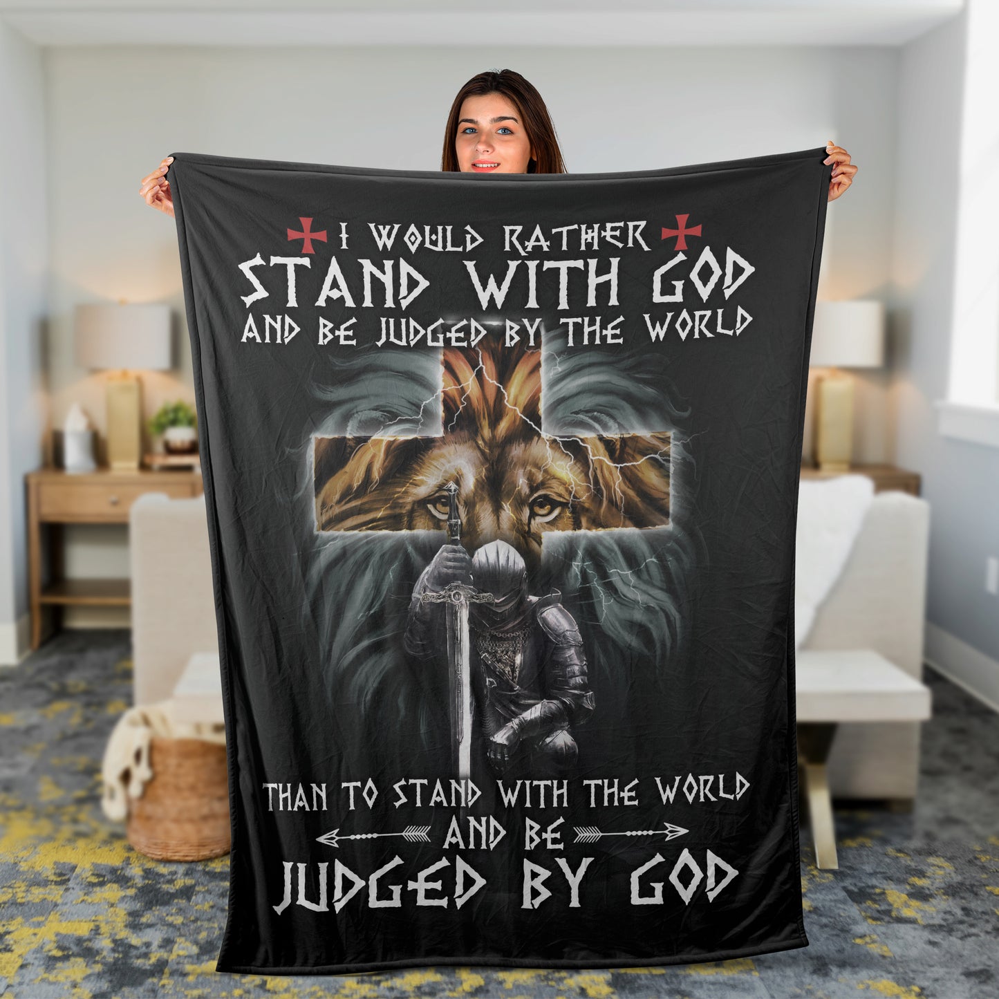 Christian Throw Blanket, Faith Blanket, Inspirational Gift - Lion Of Judah Blanket, Warrior Of God, Jesus Cross, Stand With God And Judged By God