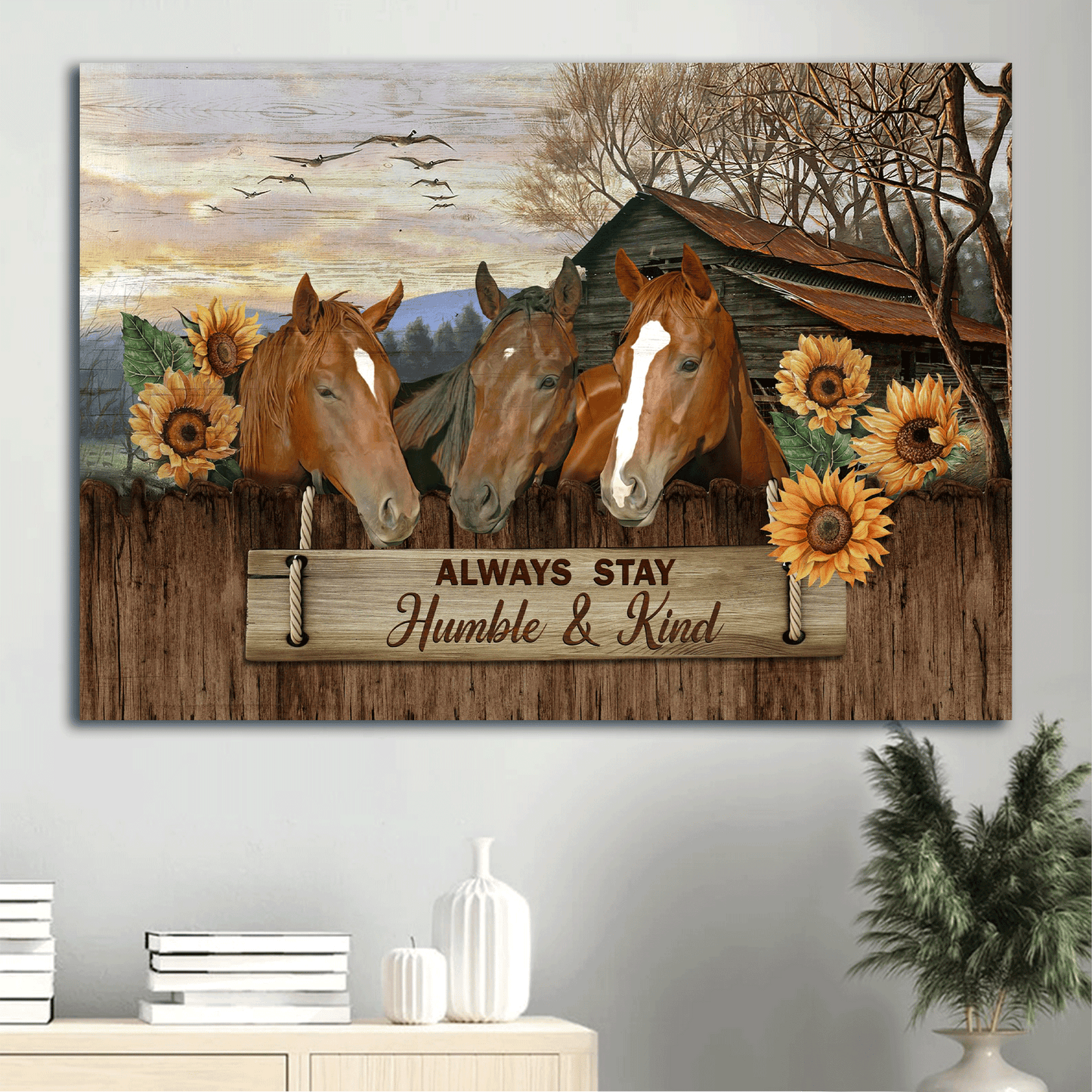 Jesus Landscape Canvas- Awesome Horse, Stunning Helianthus, Tranquil Farm, Sunflower Landscape Canvas- Gift For Christian- Always Stay Humble And Kind