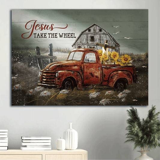 Jesus Landscape Canvas - Old ladybug car, Stunning drawing, Sunflower Landscape Canvas - Gift For Christian - Jesus take the wheel Landscape Canvas