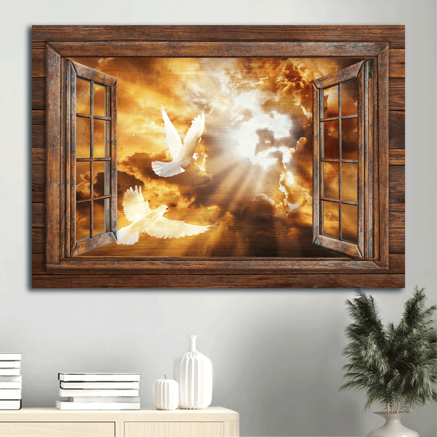 Jesus Landscape Canvas - Stunning Sunset, White Dove Drawing, Infinite Halo, Wooden Window Canvas - Gift For Christian