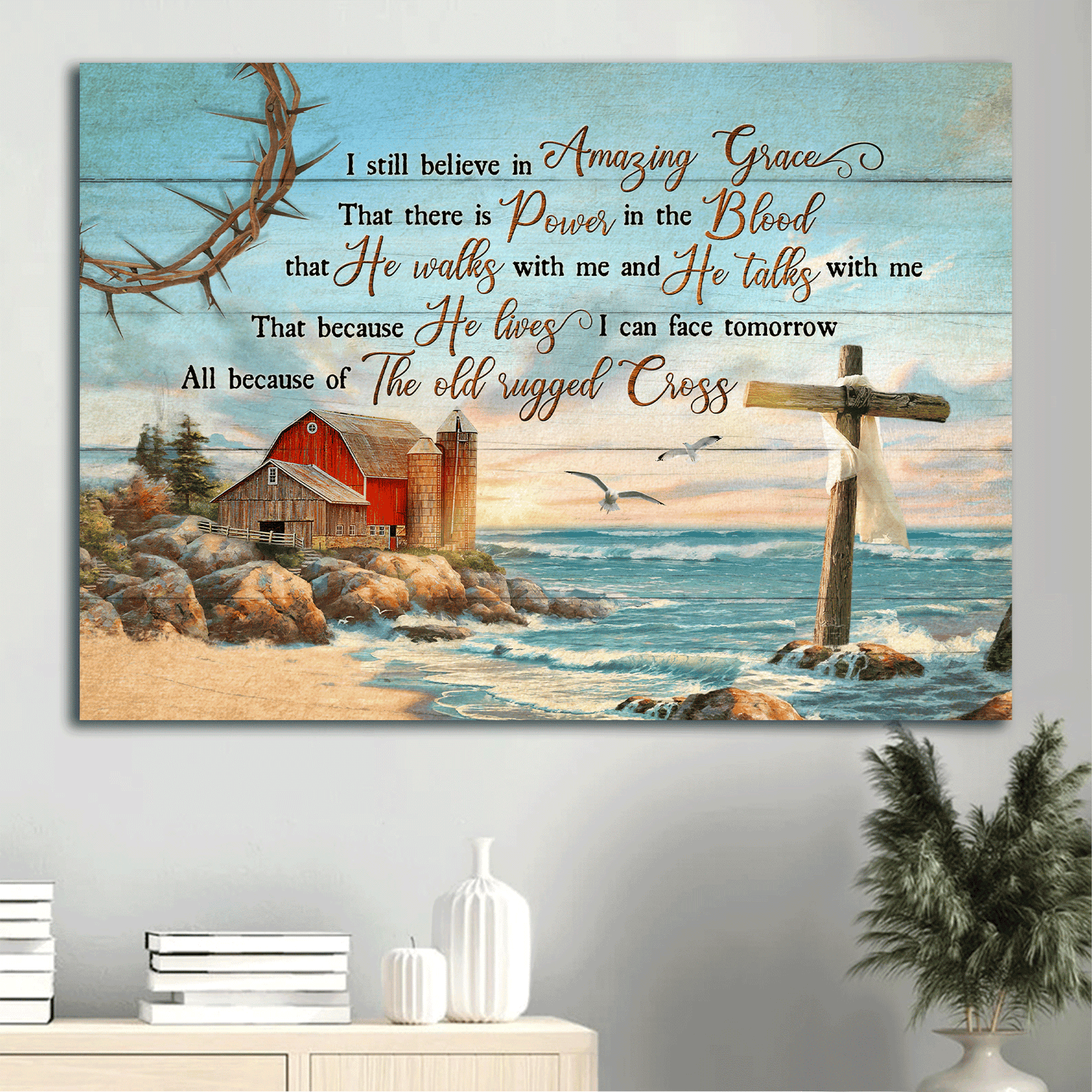 Jesus Landscape Canvas- Beach Painting, Blue Ocean, Rustic Farmhouse- Gift For Christian- I Still Believe In Amazing Grace