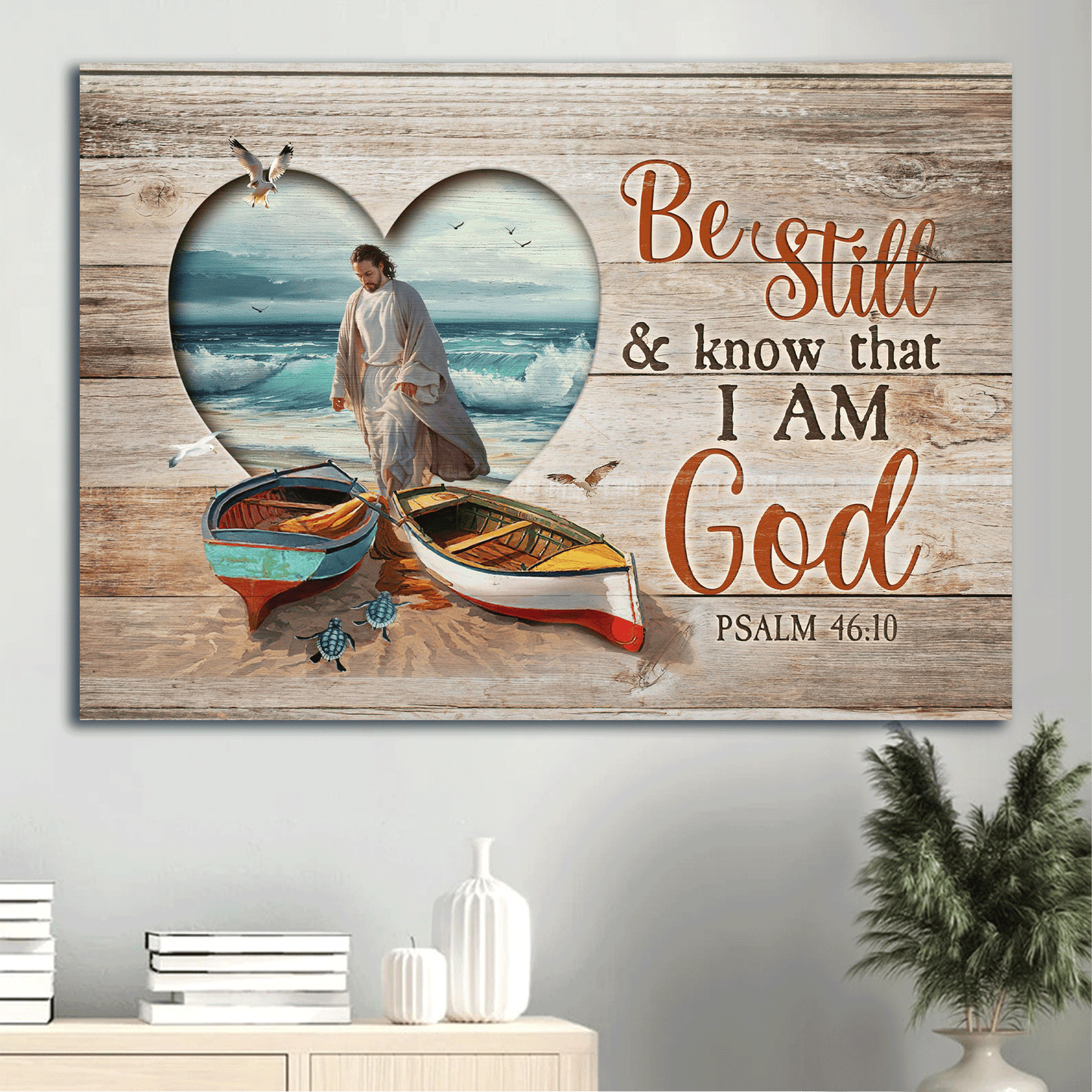 Jesus Landscape Canvas - Colorful Boat, Jesus Walking On Water, Blue Sea Turtle, Albatross, Heart Landscape Canvas - Gift For Christian - Be Still And Know That I Am God