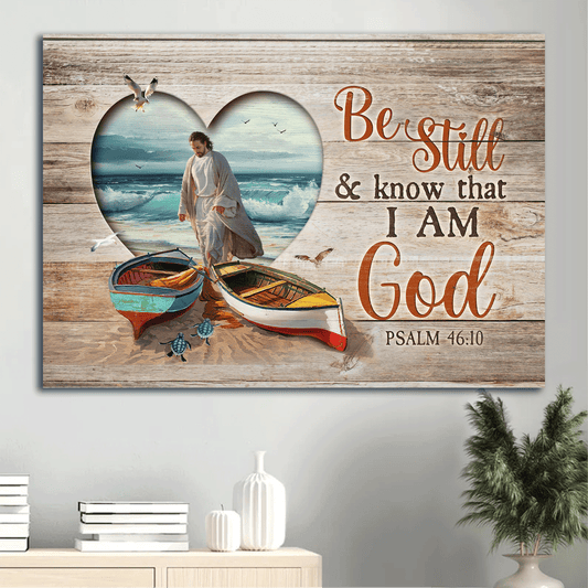 Jesus Landscape Canvas - Colorful Boat, Jesus Walking On Water, Blue Sea Turtle, Albatross, Heart Landscape Canvas - Gift For Christian - Be Still And Know That I Am God