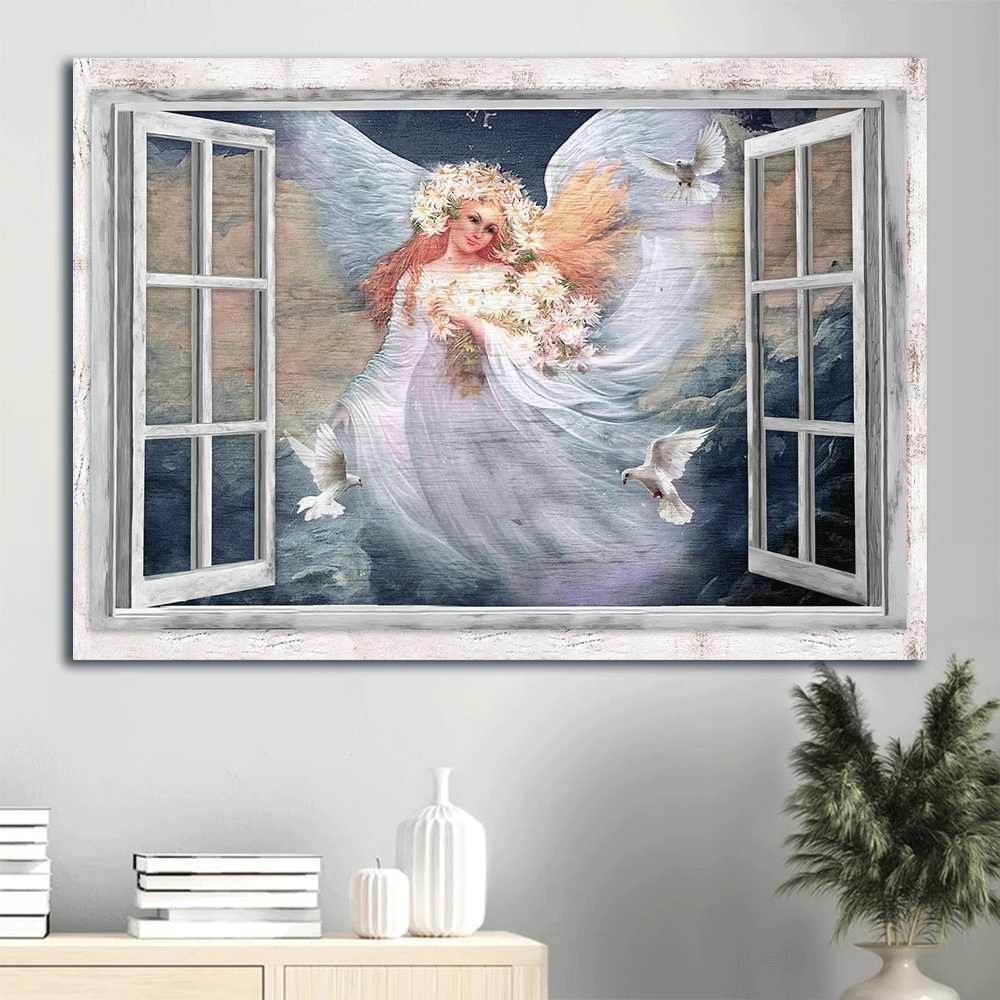Jesus Landscape Canvas - Beautiful angel, Daisy vase, White dove Landscape Canvas - Gift For Christian - The way to heaven