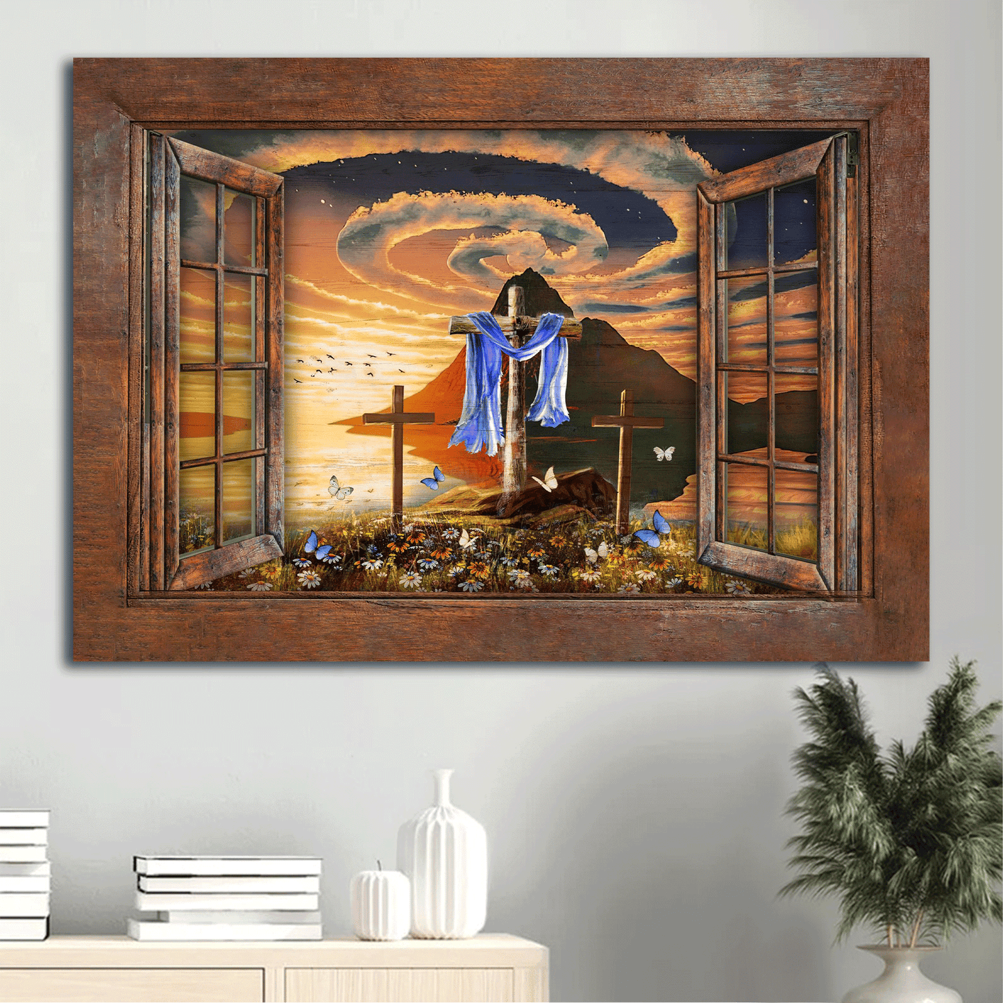 Jesus Landscape Canvas- Beautiful halo, Orange sunset, Wooden cross, Window, Pretty butterfly canvas- Gift for Christian