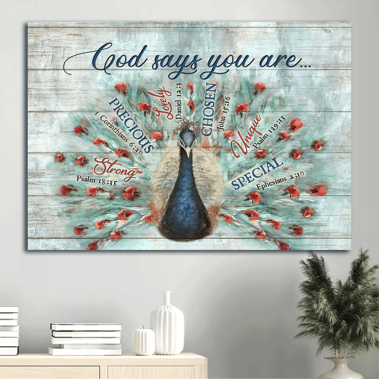 Jesus Landscape Canvas- Blue Peacock painting, Bible verses, Vintage drawing - Gift for Christian- God says you are - Landscape Canvas Prints, Home Decor Wall Art