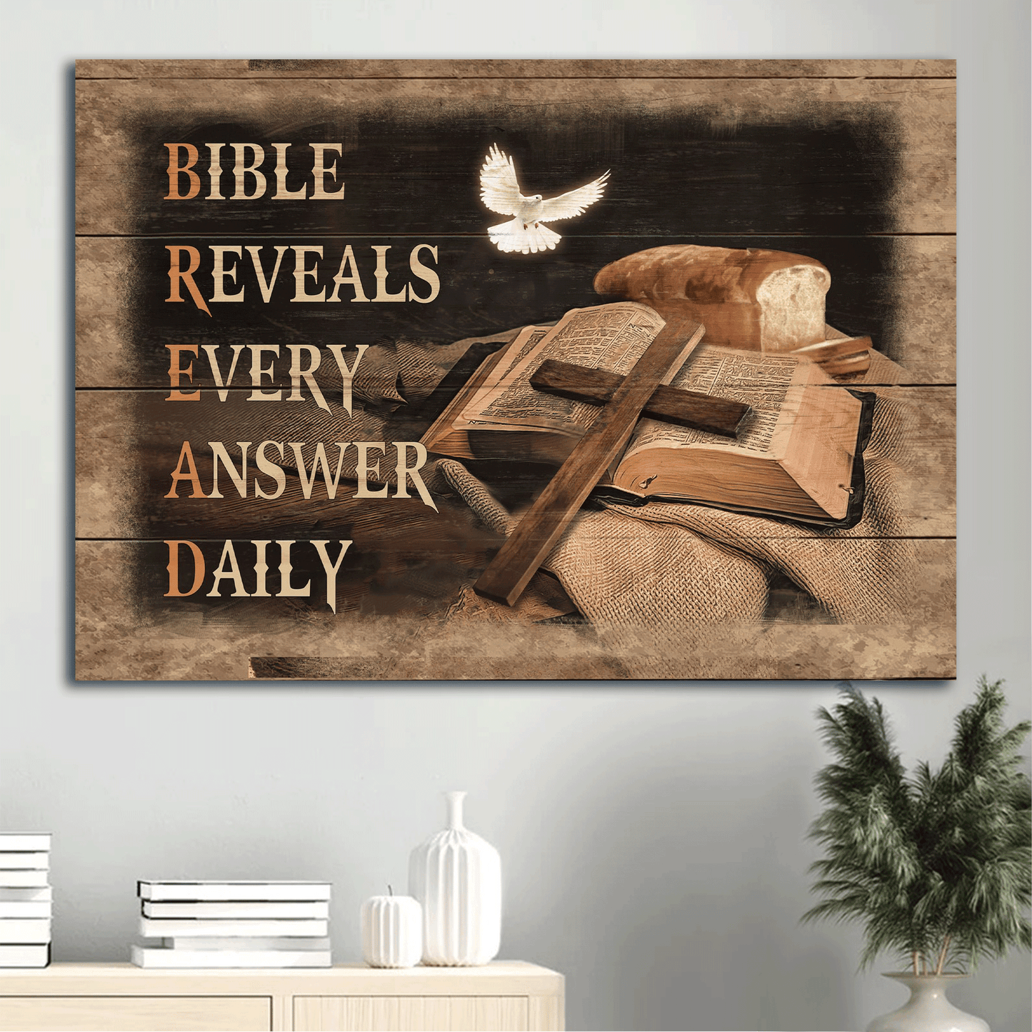 Jesus Landscape Canvas - Big cross, Bible painting, White dove Landscape Canvas - Gift For Christian - Bible reveals every answer daily Landscape Canvas