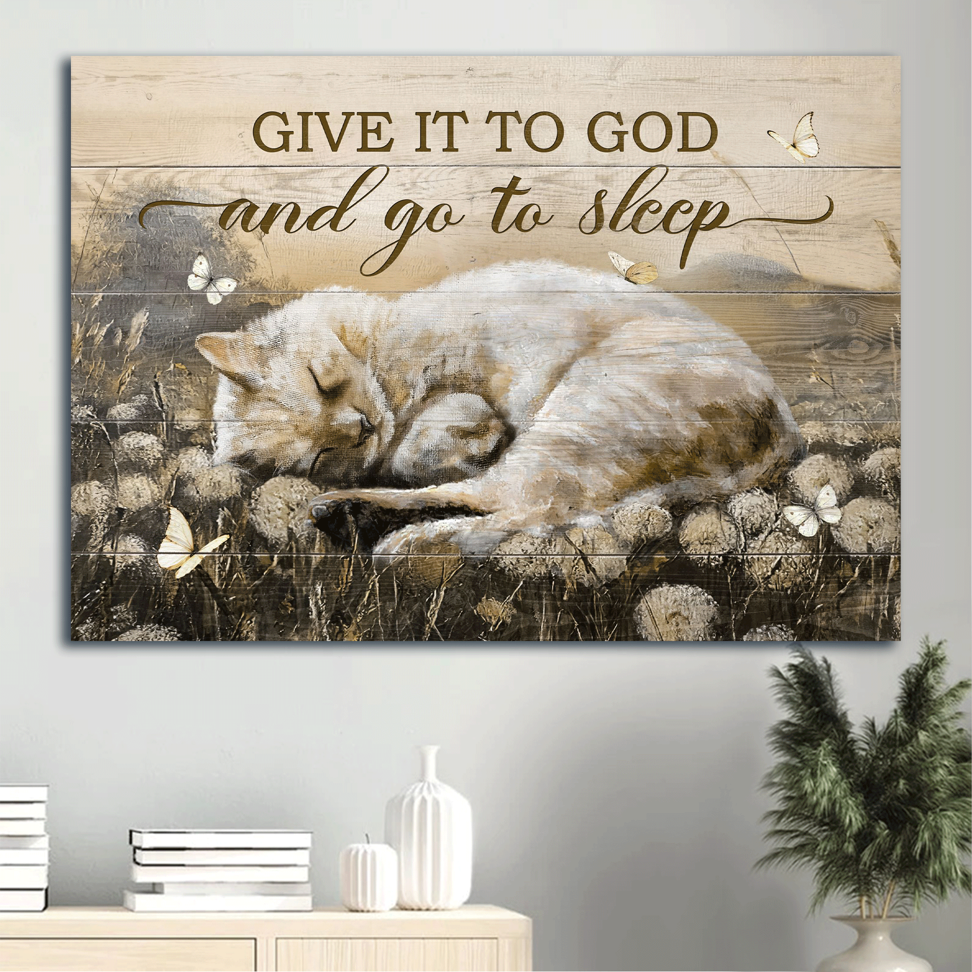 Jesus Landscape Canvas- Dandelion field painting, Sleeping cat, Butterfly canvas- Gift for Christian- Give it to God and go to sleep