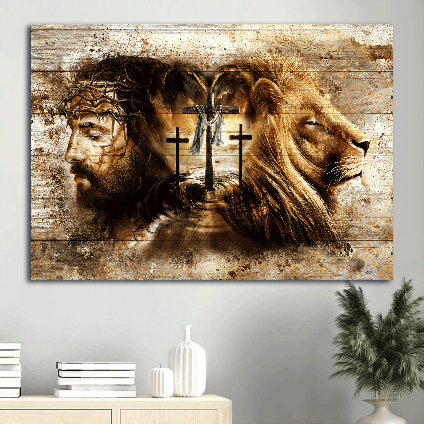 Jesus Landscape Canvas - Lion of Judah, Three wooden crosses, Vintage painting, Amazing Jesus drawing Landscape Canvas - Gift For Christian Landscape Canvas