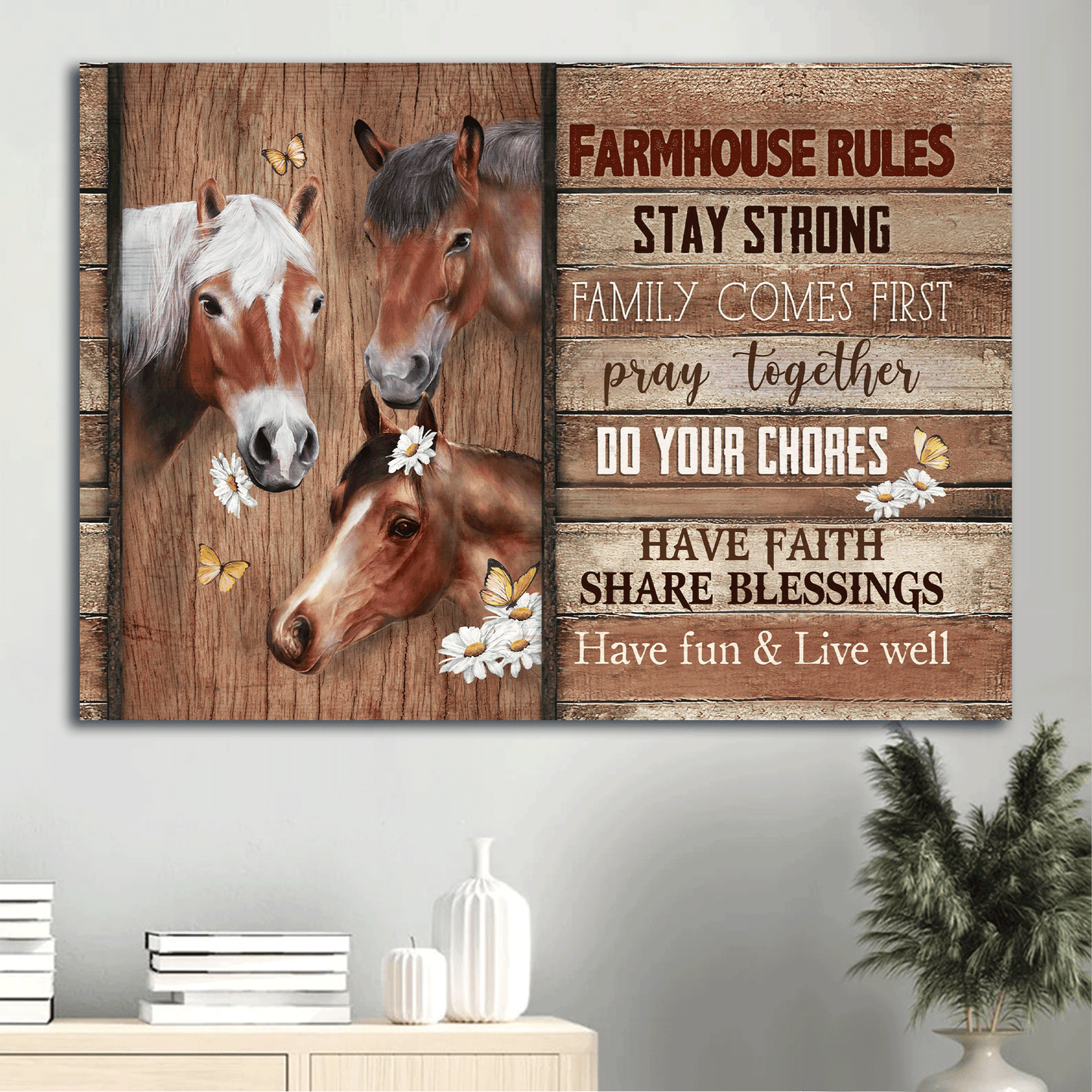 Jesus Landscape Canvas- Beautiful horse, White daisy drawing, Butterfly canvas- Gift for Christian- Stay strong family comes first