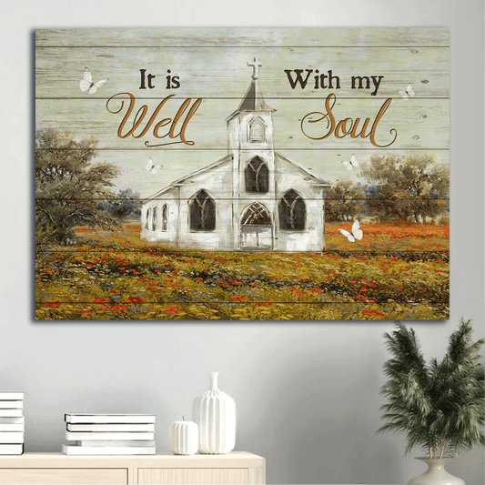 Jesus Landscape Canvas- Country Church Painting, Colorful Flower Garden, White Butterfly canvas- Gift for Christian- It Is Well With My Soul-  Landscape Canvas, Wall Decor