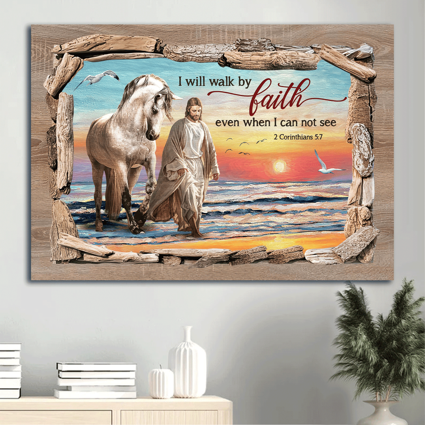 Jesus Landscape Canvas - Walking With Jesus, White Horse, Beautiful Beach Canvas - Gift For Christian - I Will Walk By Faith Canvas
