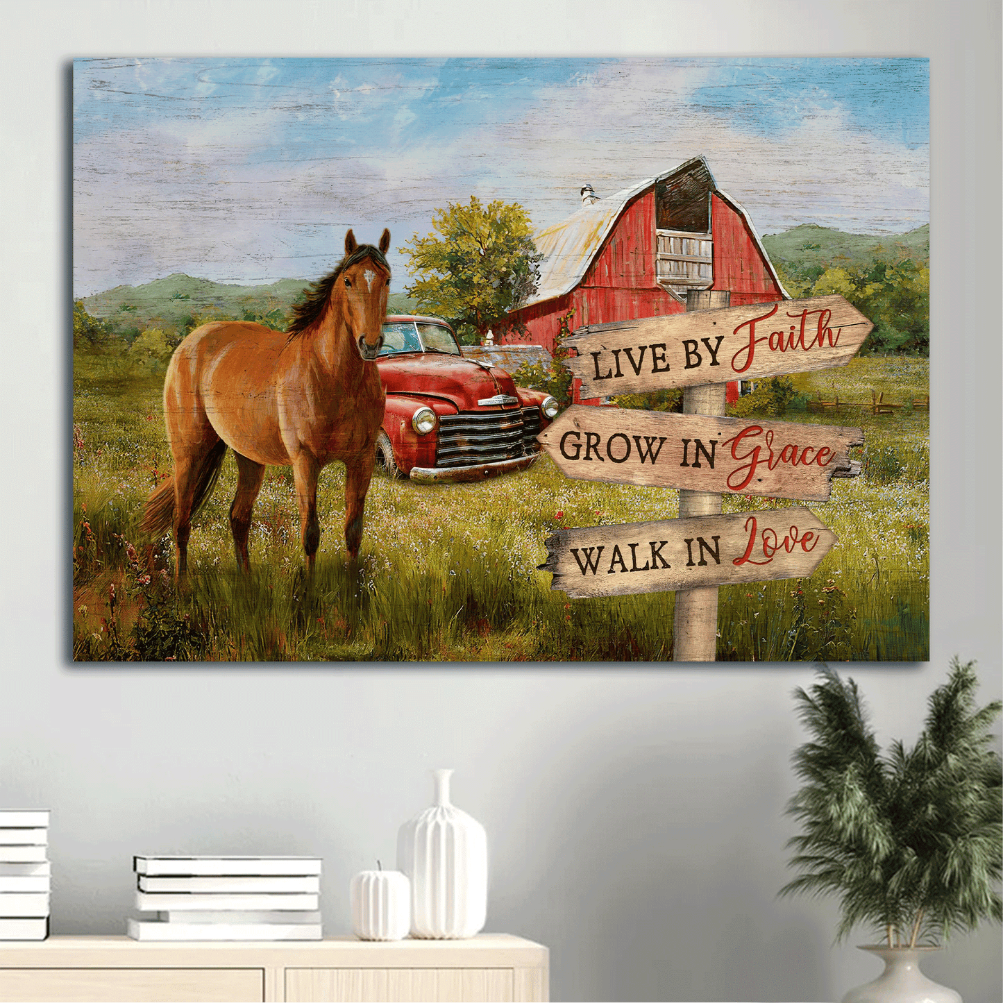 Jesus Landscape Canvas- Beautiful horse drawing, Red house canvas- Gift for Christian- Live by faith grow in grace walk in love