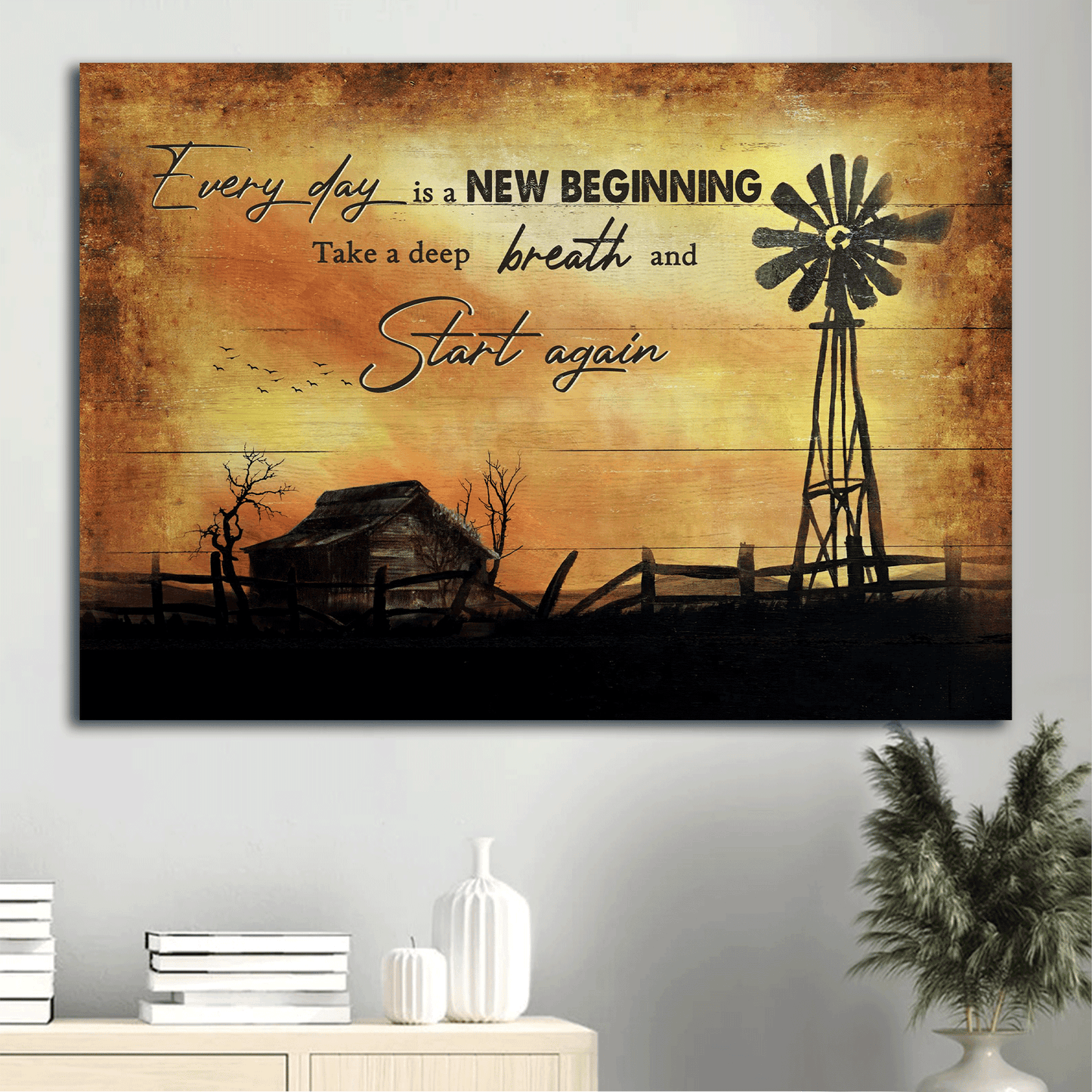 Jesus Landscape Canvas - Old Barn Painting, Windmill, Sunset Landscape Landscape Canvas - Gift For Christian - Everyday is a new beginning Landscape Canvas