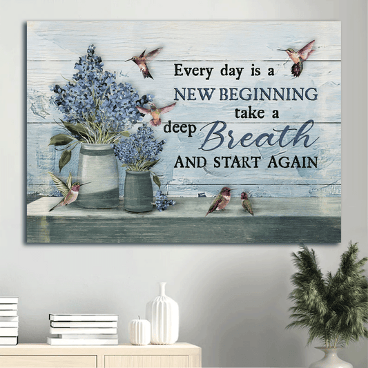 Jesus Landscape Canvas - Vintage Blue Flower, Beautiful Hummingbird Canvas - Gift For Christian - Every Day Is A New Beginning Canvas