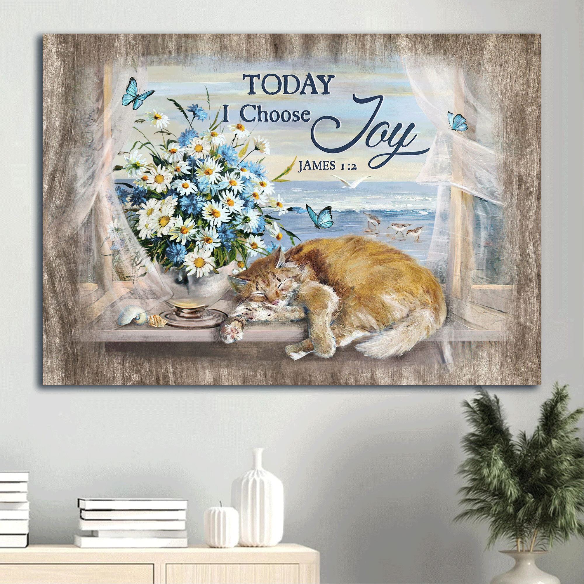 Jesus Landscape Canvas - Ocean painting, Sleeping cat, Daisy vase Landscape Canvas - Gift For Christian - Today I choose joy Landscape Canvas