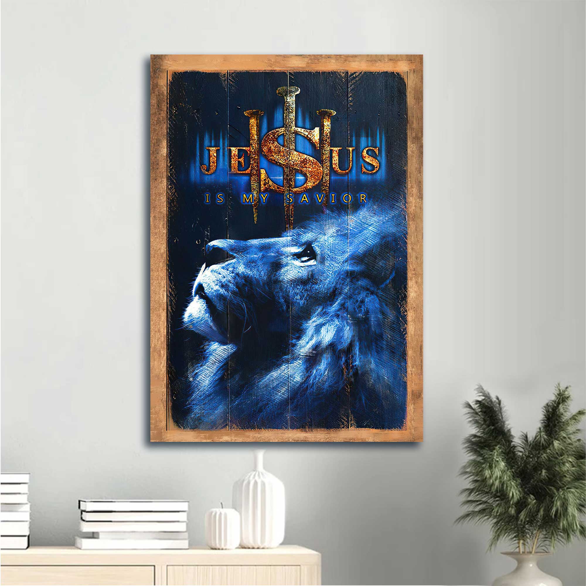 Jesus Portrait Canvas, Christian Wall Decor Framed Art - Blue lion Canvas, Lion of Judah, Faith, God, Jesus is my savior Portrait Canvas
