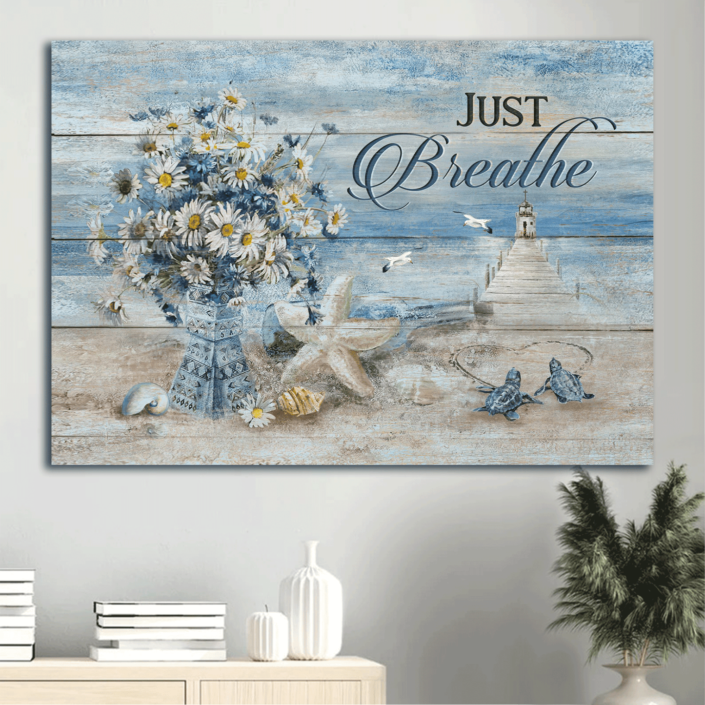 Jesus Landscape Canvas- Blue Ocean, Pretty Daisy Vase, Sea Turtle, Light House, Albatross, Just Breathe canvas- Gift for Christian - Landscape Canvas, Wall Decor Visual Art