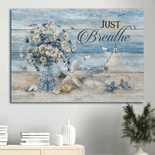 Jesus Landscape Canvas- Blue Ocean, Pretty Daisy Vase, Sea Turtle, Light House, Albatross, Just Breathe canvas- Gift for Christian - Landscape Canvas, Wall Decor Visual Art