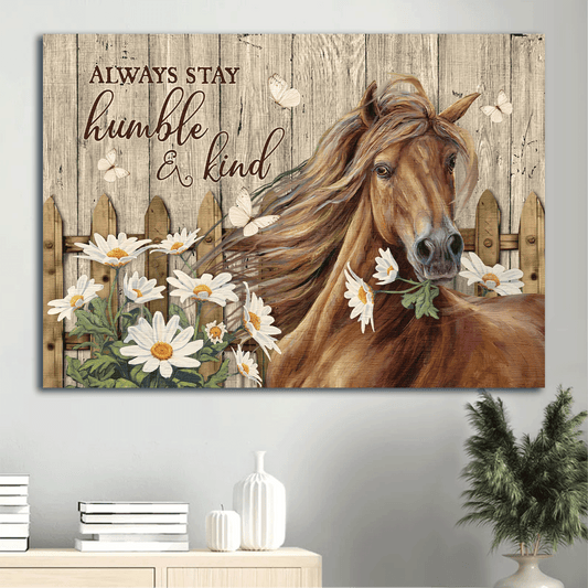 Jesus Landscape Canvas - Stunning Horse, Daisy Garden, Wooden Fence Canvas - Gift For Christian - Always Stay Humble And Kind Canvas