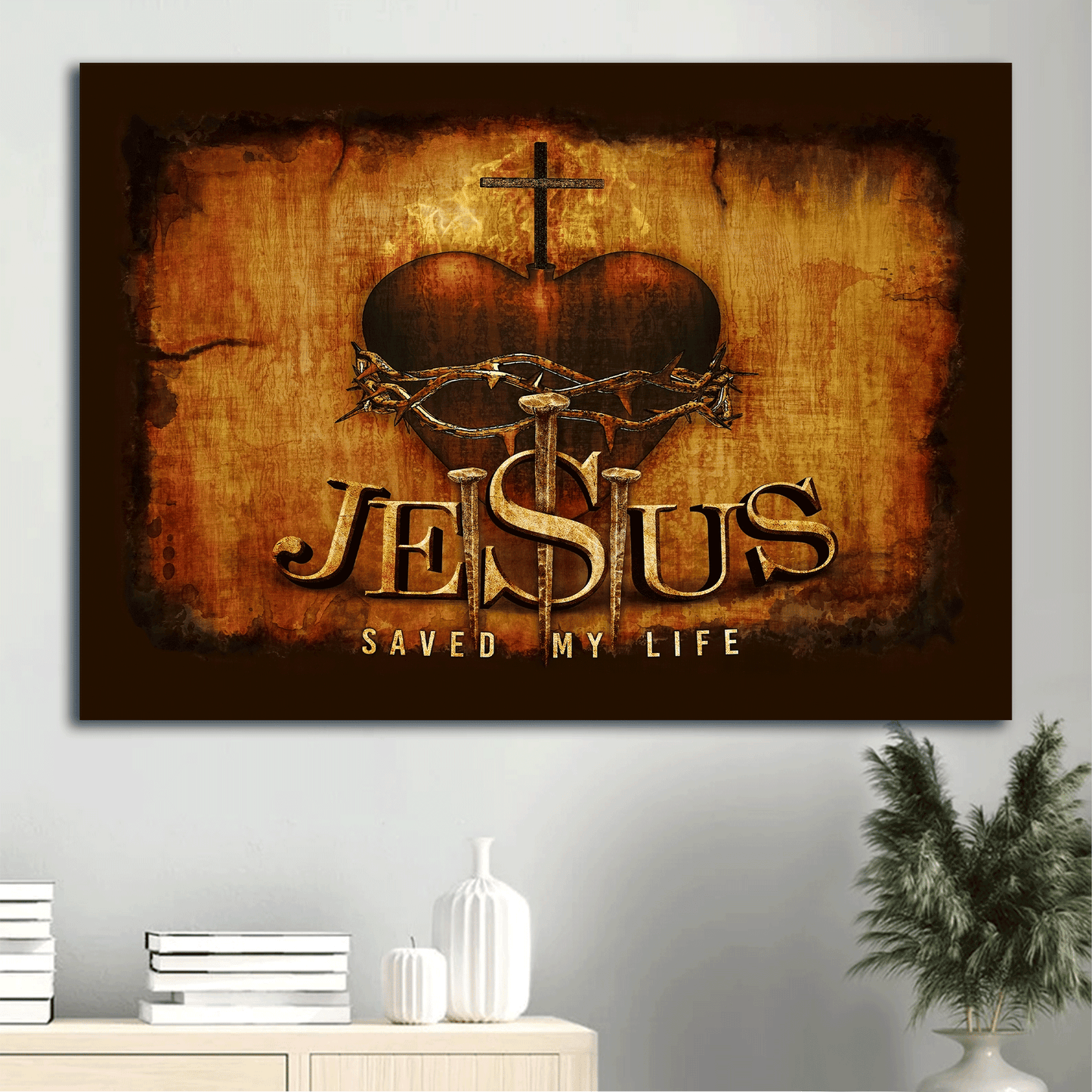 Jesus Landscape Canvas - The Savior, Sacred Heart Of Jesus, Three Nails Canvas - Gift For Christian - Jesus Saved My Life Canvas