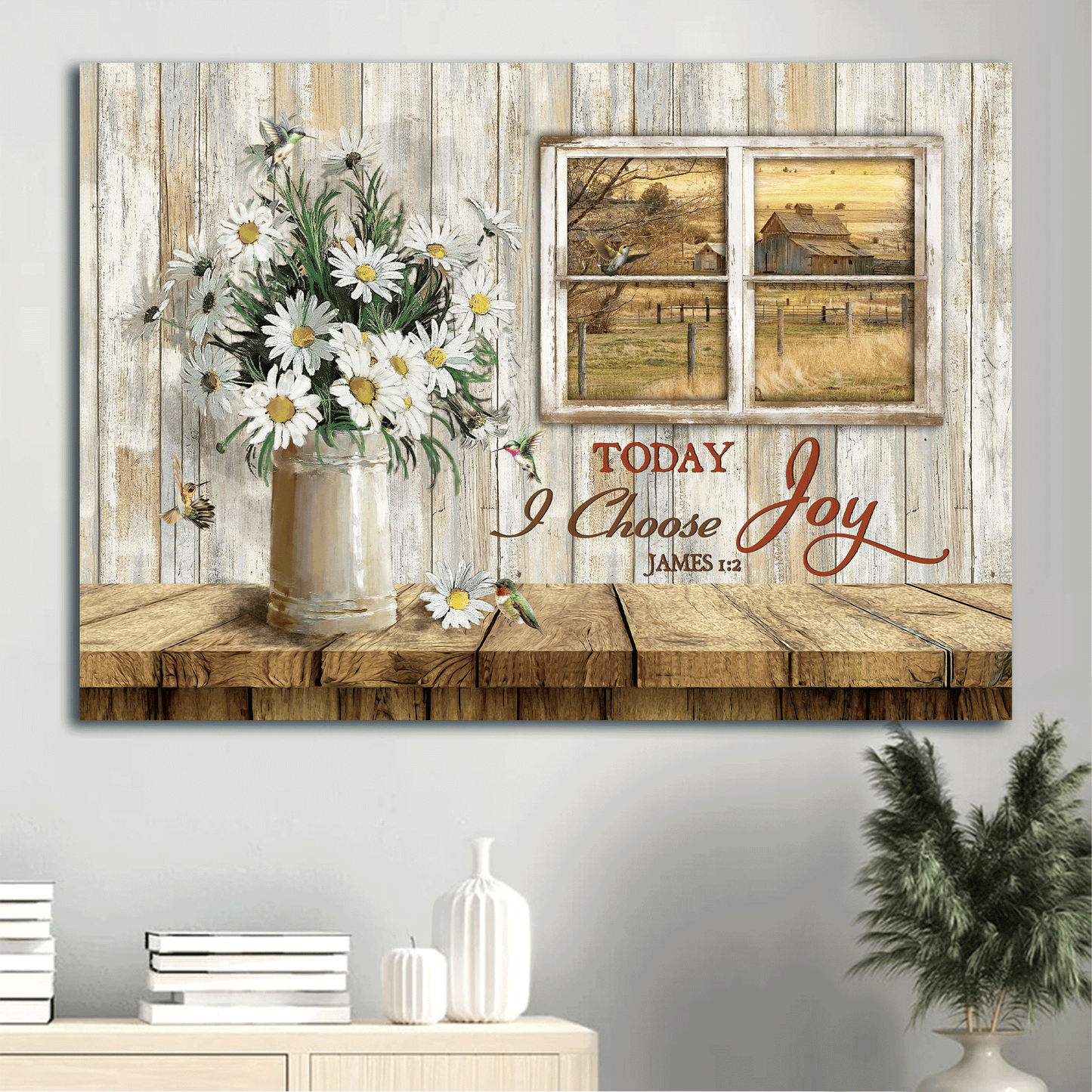 Jesus Landscape Canvas- Daisy vase, Window frame, Farmhouse, Meadow land canvas- Gift for Christian-Today I choose joy
