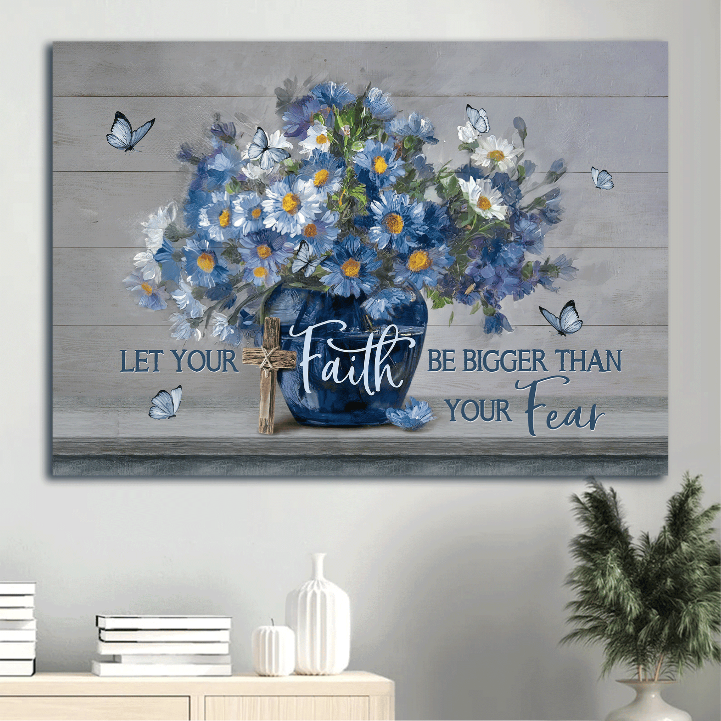 Jesus Landscape Canvas - Blue flower, Unique butterfly Landscape Canvas - Gift For Christian - Let your faith be bigger than your fear Landscape Canvas