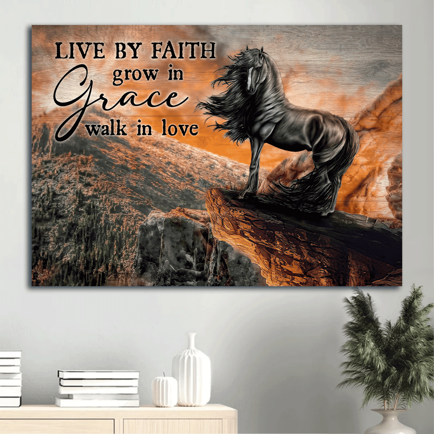 Jesus Landscape Canvas- Black horse, Amazing volcano canvas- Gift for Christian- Live by faith, Grow in grace, Walk in love - Landscape Canvas Prints, Christian Wall Art