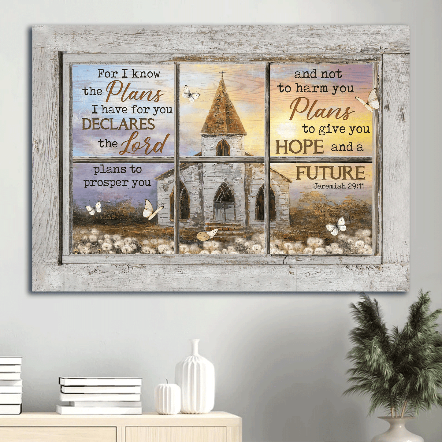 Jesus Landscape Canvas - White Church, Dandelion, Sunset View Canvas - Gift For Christian - For I Know The Plans Canvas