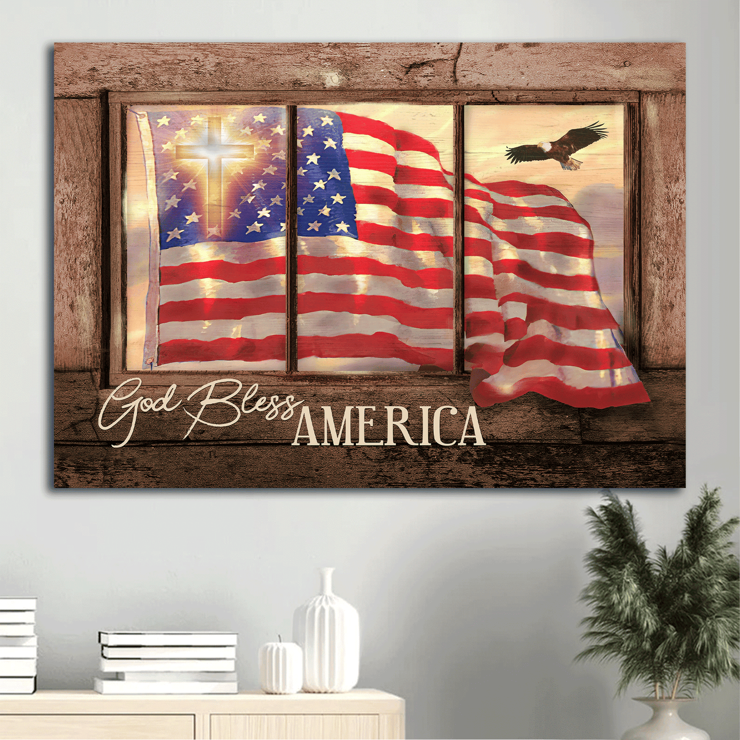 Jesus Landscape Canvas - Beautiful US flag, Cross symbol, Vintage window Landscape Canvas - Gift For Christian - God bless America