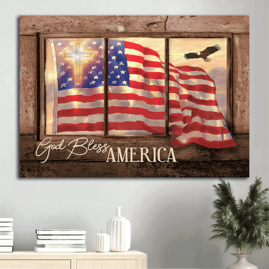Jesus Landscape Canvas - Beautiful US flag, Cross symbol, Vintage window Landscape Canvas - Gift For Christian - God bless America