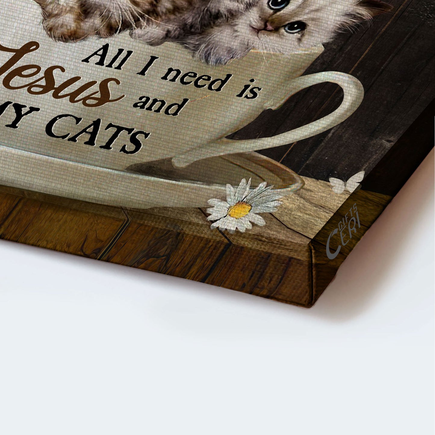 Jesus And Cat Landscape Canvas - White Cat Drawing, Daisy Flower, Tea Cup Canvas - Gift For Christian, Cat Lovers - All I Need Is Jesus And My Cats Canvas