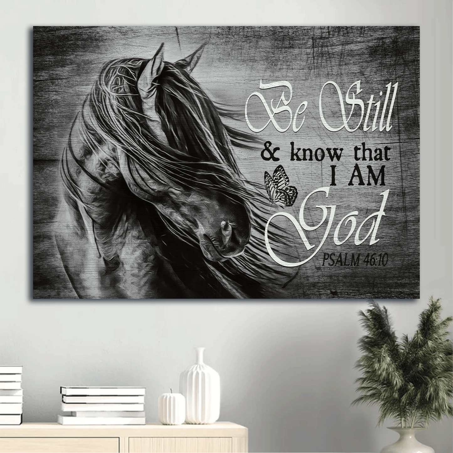Jesus Landscape Canvas- Black and white painting, Stunning horse- Gift for Christian- Be still and know that I am God - Landscape Canvas Prints, Christian Wall Art