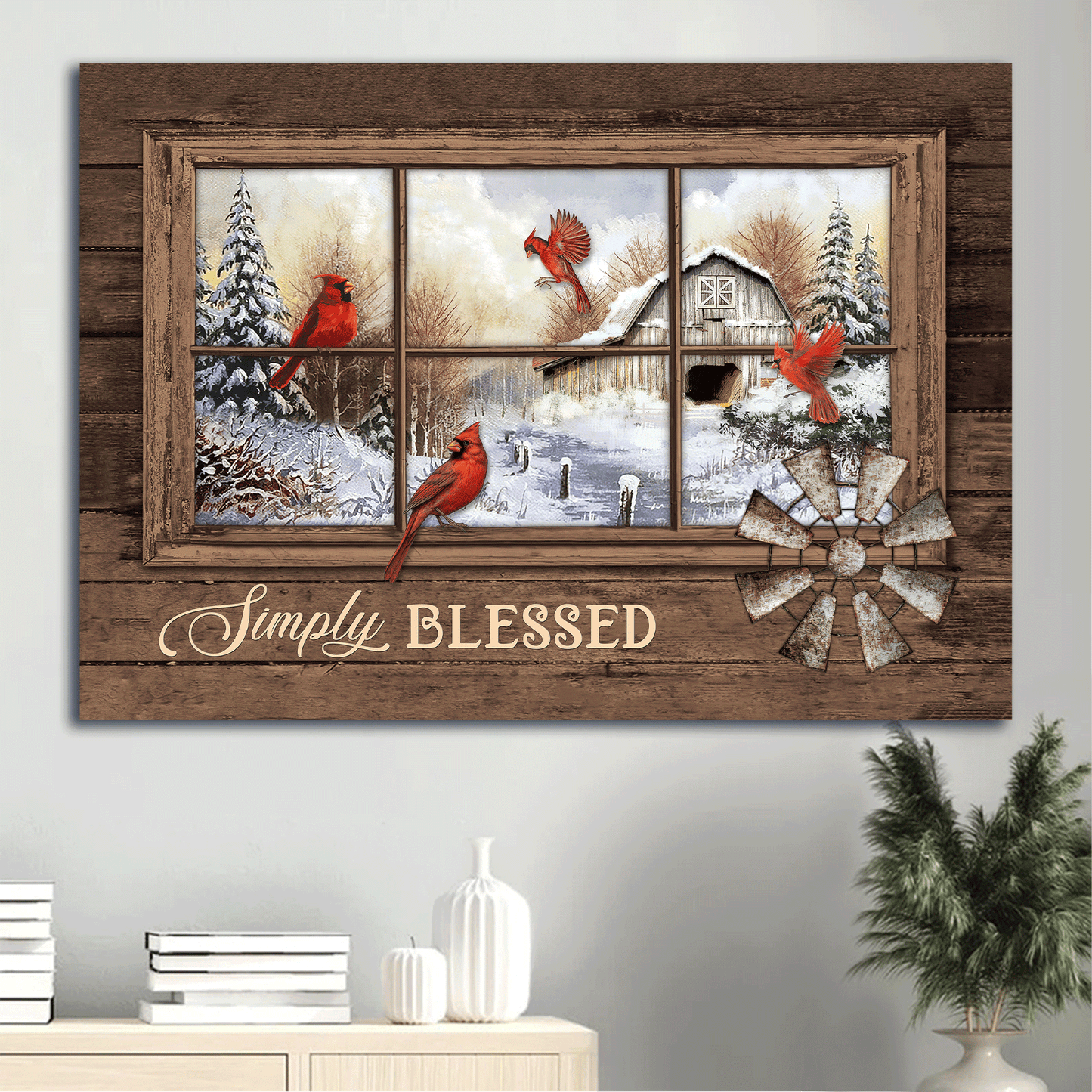 Jesus Landscape Canvas - Red cardinal, White snow, Beautiful day, Windmill, Simply blessed Landscape Canvas - Gift For Christian Canvas Prints, Christian Wall Art