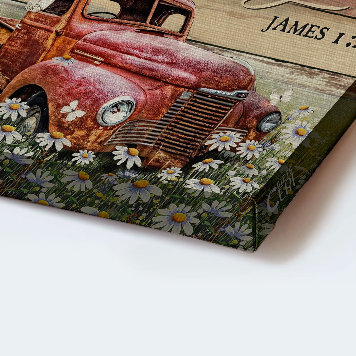 Jesus Landscape Canvas - Antique ladybug car, Daisy field, White butterfly Landscape Canvas - Gift For Christian - Today I choose joy