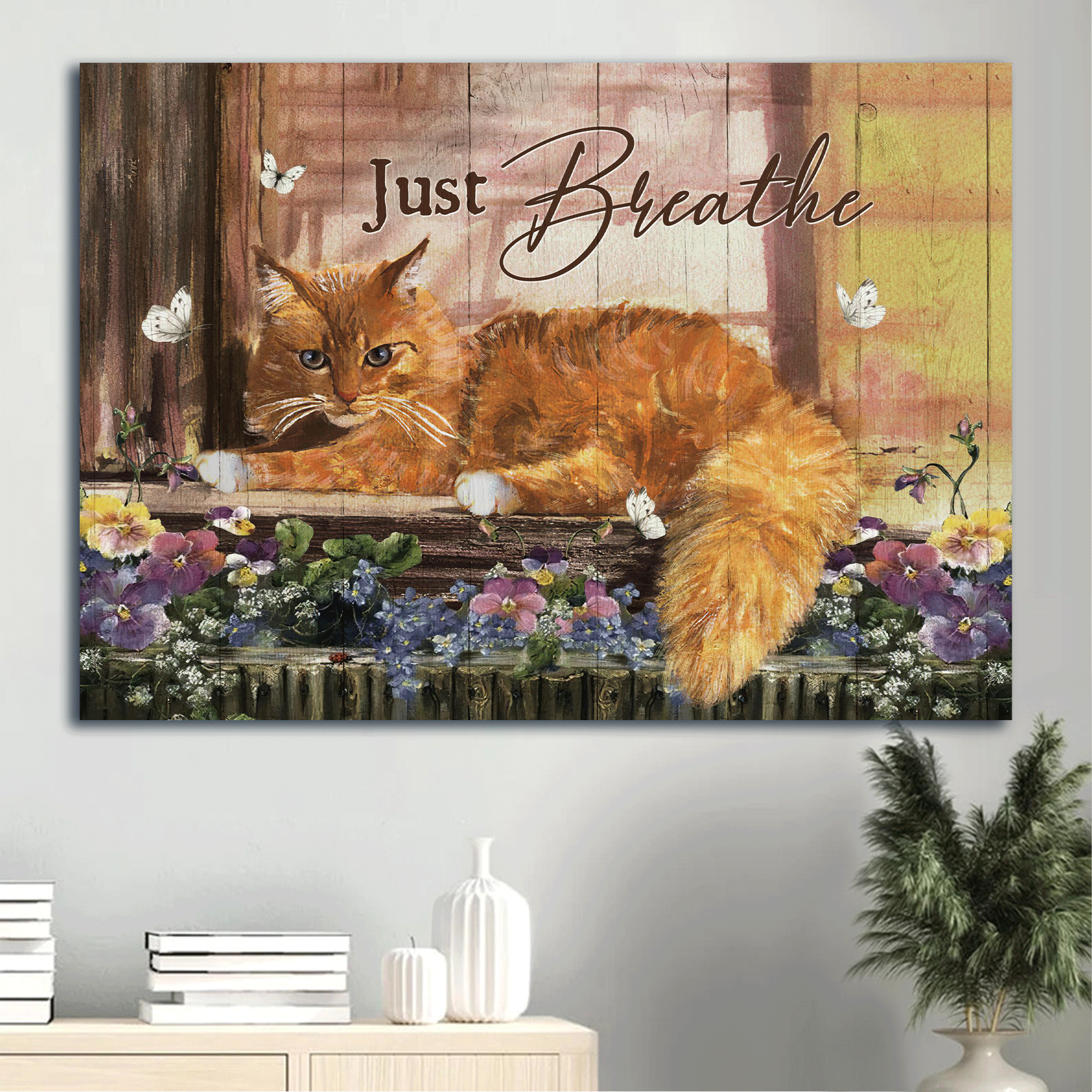 Jesus Landscape Canvas - Beautiful Cat Painting, Purple Flower, White Butterfly Landscape Canvas - Gift For Christian - Just Breathe