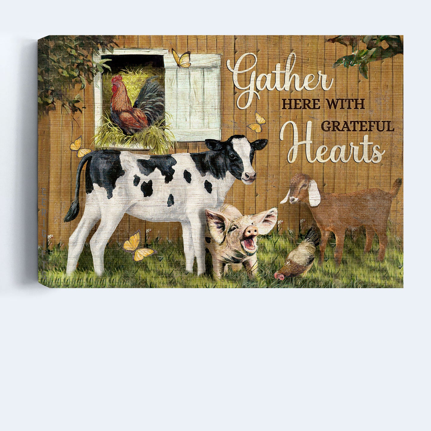 Jesus Landscape Canvas - Animal painting, Dairy cow, Butterfly Landscape Canvas - Gift For Christian - Gather here with grateful hearts